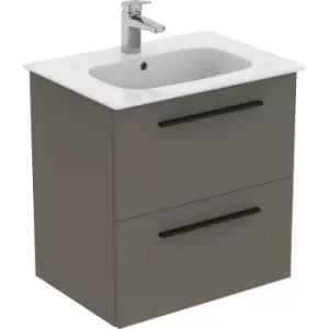 Image of Ideal Standard i. life A Double Drawer Wall Hung Unit with Basin Matt 600mm with Matt Black Handles in Quartz Grey