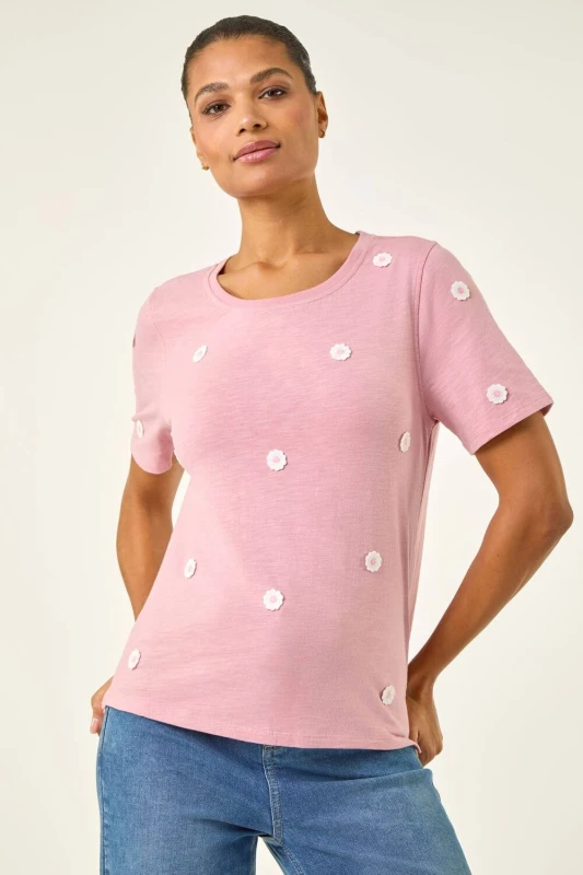 Image of Roman Womens Textured Floral Stretch T-Shirt in Pink Size: 16 Pink Female 16