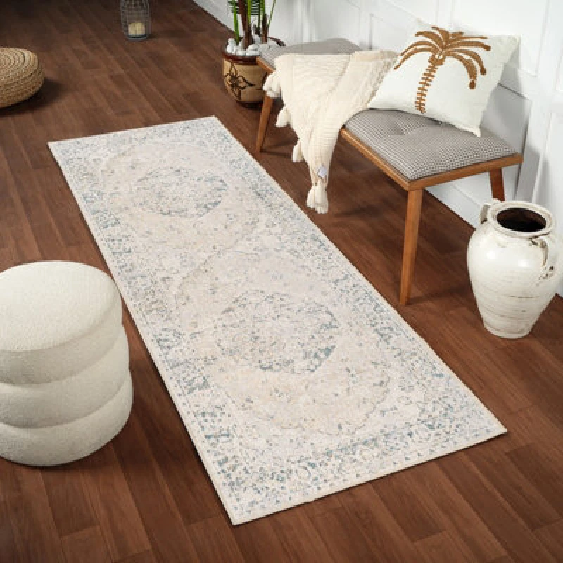 Image of Livabliss Machine Washable Traditionnal Boho Oatmeal Amayra Runner Rug 80 X 220 Cm - Easy Care, Ideal For Hallway Or Beside The Bed