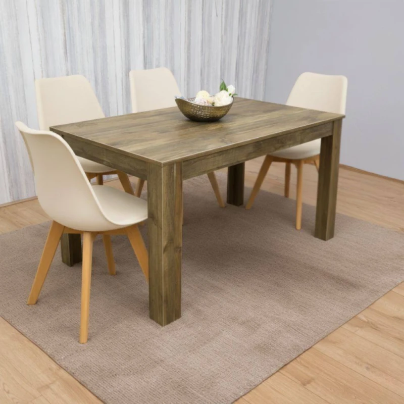 Image of Kosy Koala Modern Rustic Effect Wood Dining Table With 4 Cream Plastic Chairs Dining Room Furniture