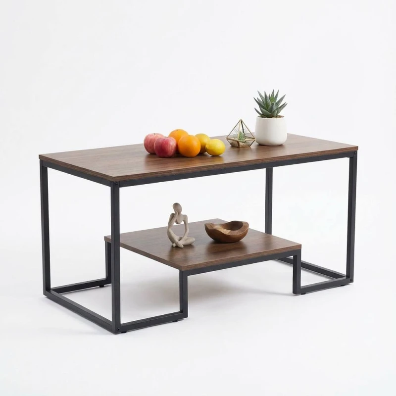 Image of Alivio Modern Coffee Table with Metal Frame & Storage Shelves in Brown Brown Unisex
