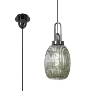 Image of Yorktown Ceiling Pendant E27 With 20cm Almond Ribbed Glass, Smoked Black Chrome, Matt Black