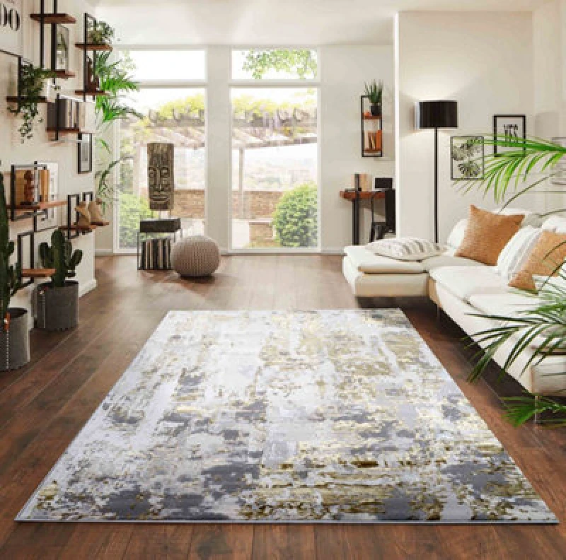 Image of Styra Modern Living Room Rug - Abstract Area Rugs Gold 120X170 Cm