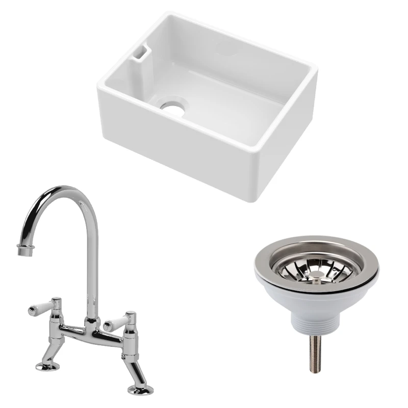 Image of Balterley Fireclay 1 Bowl Belfast Sink Strainer Waste Mixer Tap 595mm Silver