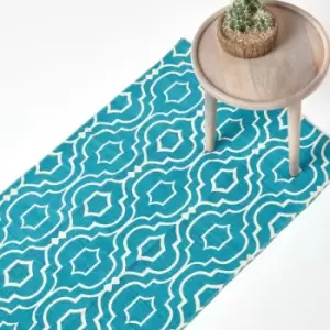 Image of Riga Teal and White 100% Cotton Printed Patterned Rug, 66 x 200cm - Blue - Homescapes