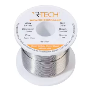 Image of R-TECH 857034 SAC305 Solder 2% Rosin-Free HF Flux Halide-Free 1.2m...
