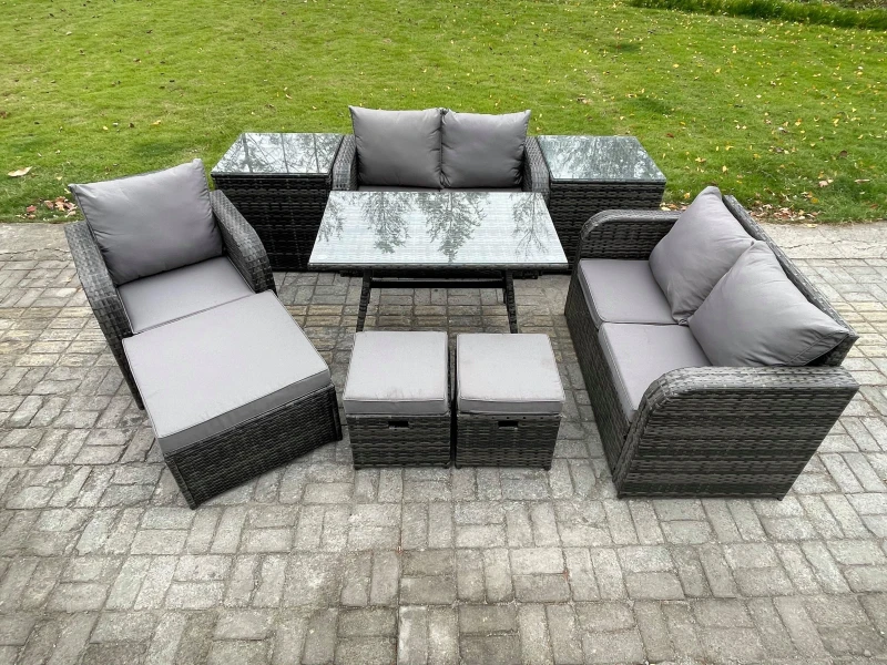 Image of Fimous 8 Seater Outdoor Garden Dining Sets Rattan Furniture With Dining Table Armchairs Love Sofa 3 Footstools 2 Side Tables Dark Grey Mixed Dark Grey
