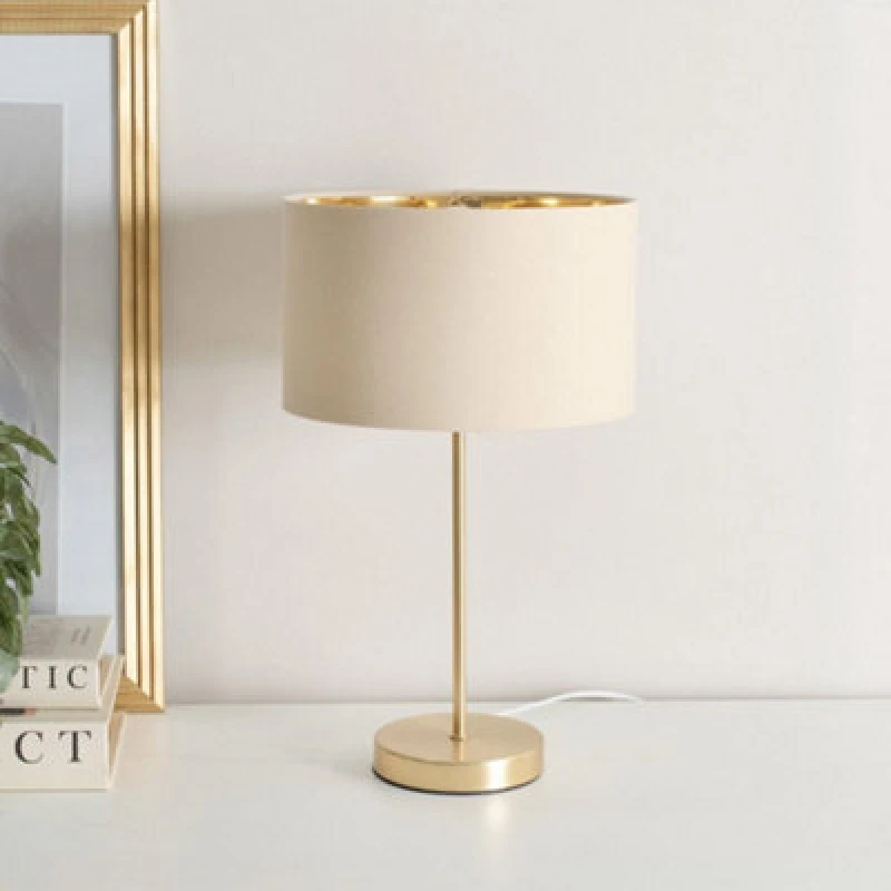 Image of ValueLights ValueLights Charlie Gold Stem Table Lamp with Fabric Drum with Gold Inner Lamp Shade & Bulb in Natural Natural One Size Unisex 50594060607