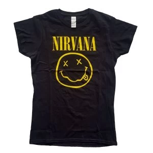 Image of Nirvana - Yellow Smiley Ladies Medium T-Shirt - Black