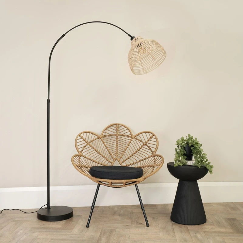 Image of ValueLights Louis Black Arched Curved Floor Lamp with Cream Woven Basket Lamp Shade Natural