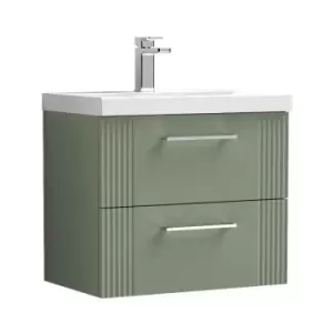 Image of Nuie Deco Satin Green 600mm Wall Hung 2 Drawer Vanity Unit with 50mm Profile Basin - DPF893D - Satin Reed Green