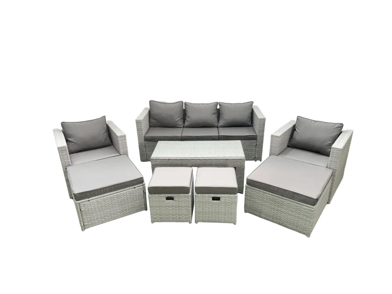 Image of Fimous Rattan Garden Furniture Set Outdoor Lounger Sofa with Coffee Table 4 Footstools Light Grey Mixed 9 Seater Light Grey