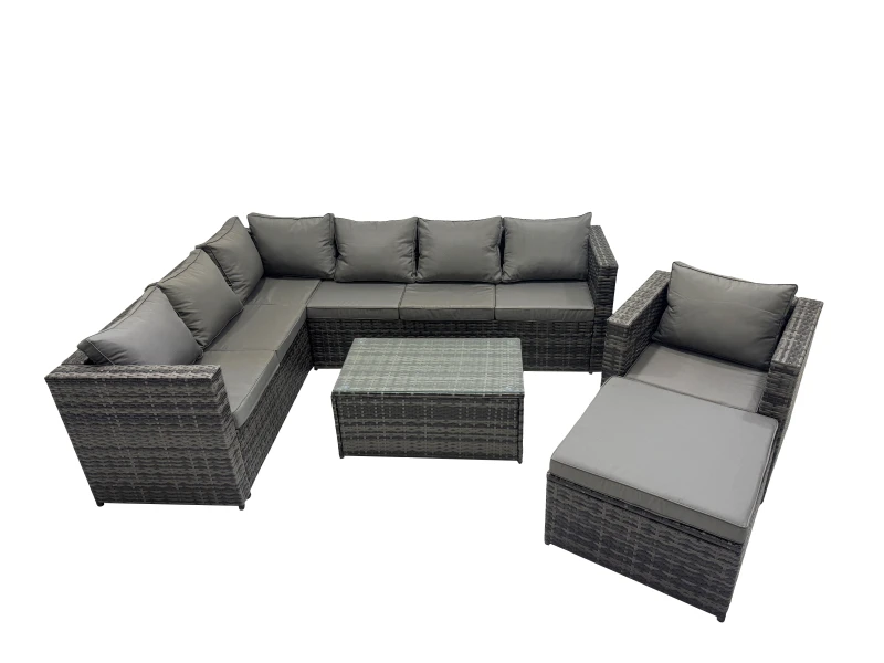 Image of Fimous Outdoor Rattan Rectangular Coffee Table Corner Sofa Sets Garden Furniture Set With Big Stool Dark Grey Mixed