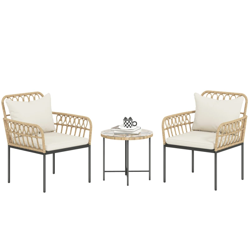 Image of Outsunny 3 Piece Rattan Bistro Set, Balcony Table and Chairs with Cushions, White 863-192V70BG