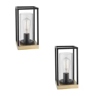 Image of 2 PACK Matt Black Framed Table Lamp Light & Glass Shade - Satin Brass Base