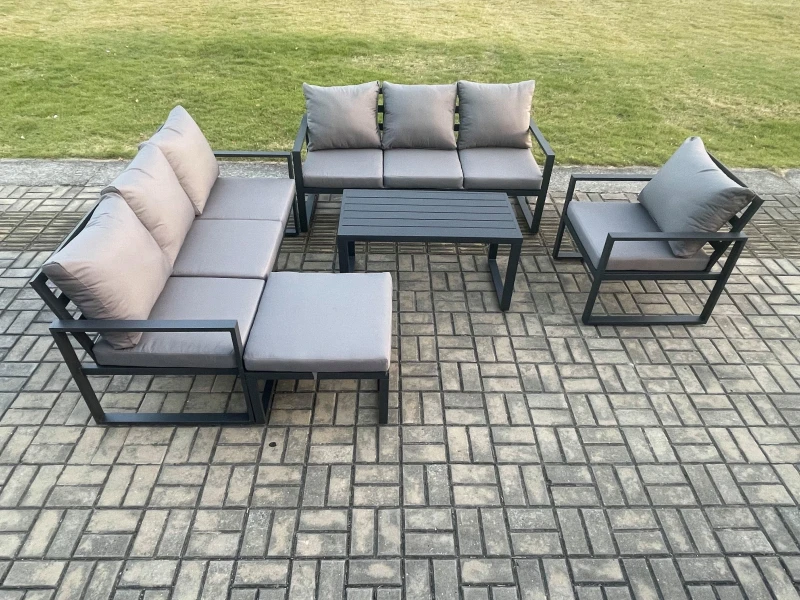 Image of Fimous Aluminium 8 Seater Garden Furniture Outdoor Patio Sofa Set with Rectangular Coffee Table Armchair Big Footstool Dark Grey Dark Grey Unisex