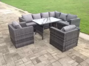 Image of Fimous 8 Seater Outdoor Dark Grey Rattan Corner Sofa Set with Dining Table