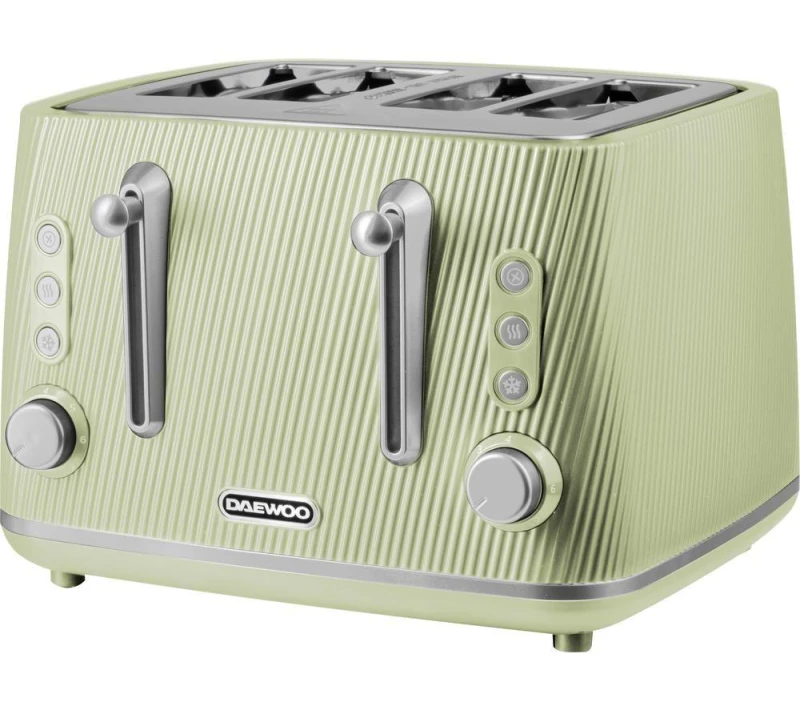 Image of Daewoo Daewoo 'Cascade' 4-Slice Toaster Ridge Textured Finish Defrost Reheat Cancel in Pale Green Size: Large Pale Green Large Unisex 5024996984170