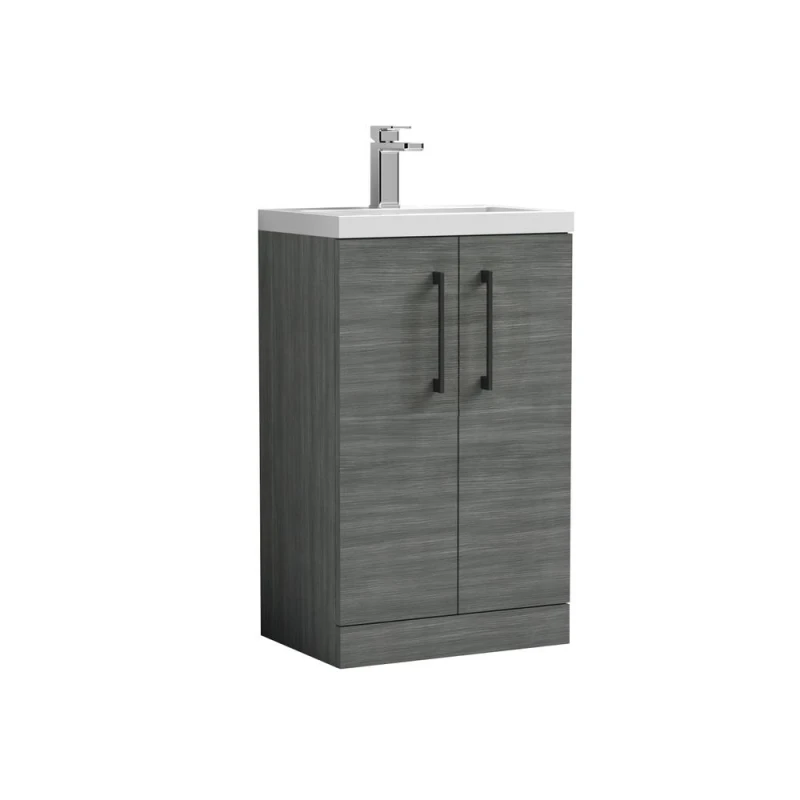 Image of Balterley Level Compact Bathroom Cloakroom Vanity Basin Unit With Ceramic Basin, Black Handles, 500mm, Woodgrain Grey