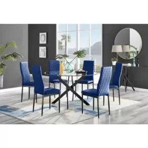Image of Furniturebox UK - Furniturebox Novara Black Leg 120cm Round Glass Dining Table & 6 Navy Milan Velvet Dining Chairs With Black Legs Diamond Stitch