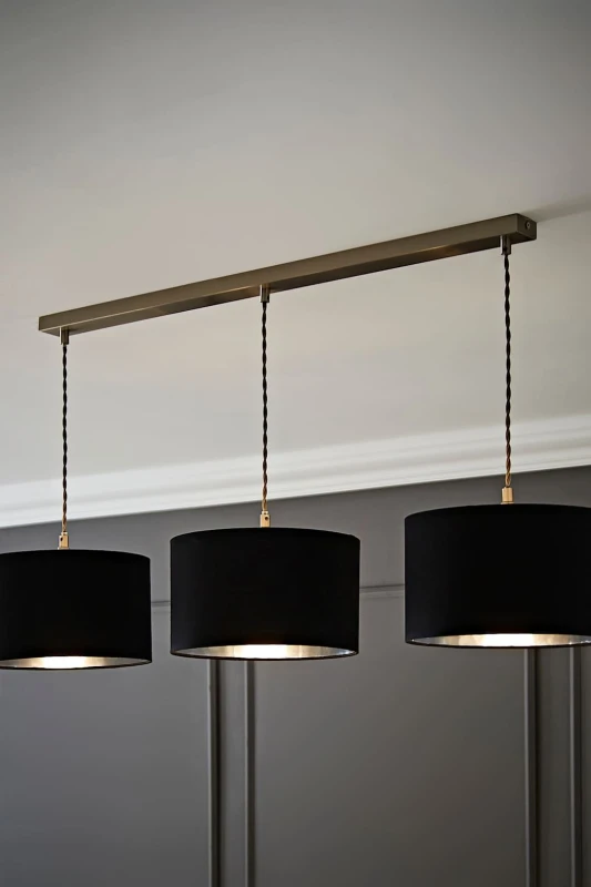 Image of ValueLights ValueLights Reni Metallic Drum Shade 3 Drop Bar Chrome Diner Ceiling Pendant Light in Black One Size Unisex 5059406062940