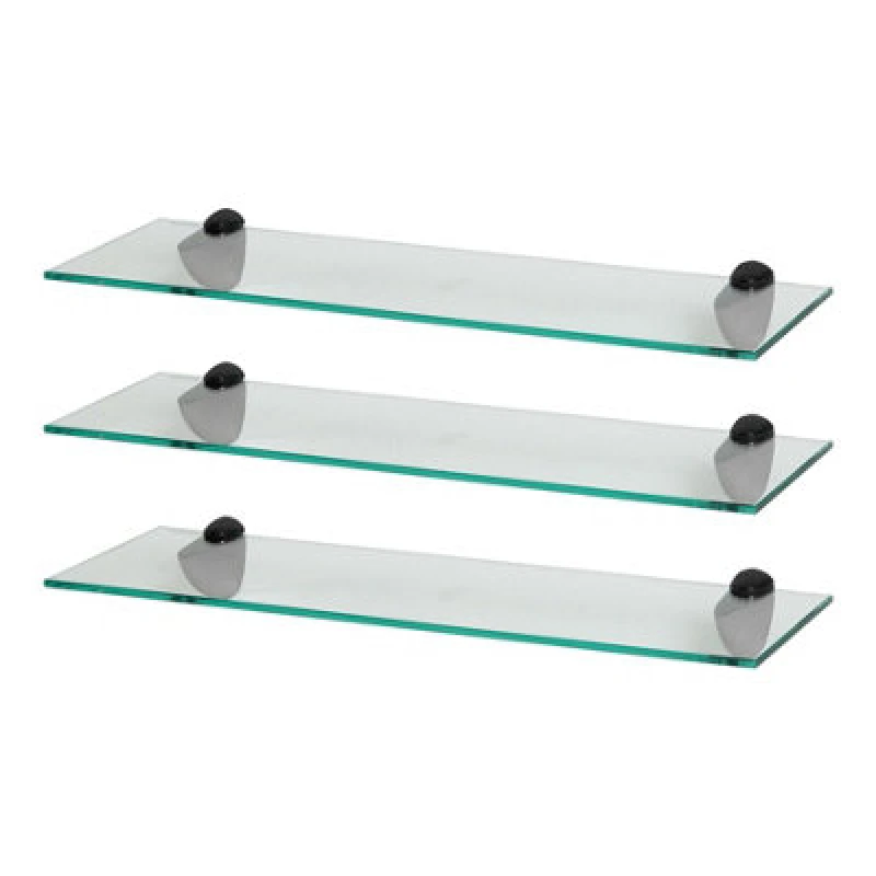 Image of Harbour Housewares 3X Floating Glass Shelves - 60Cm - Black Brackets - Bathroom Shower Storage Vanity Display Unit Shelf