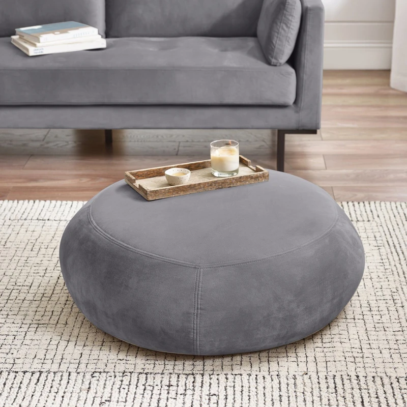 Image of FurnitureboxUK FurnitureboxUK Otis Round Soft-Touch Velvet Footstool in Grey Grey One Size Unisex 5056542695117