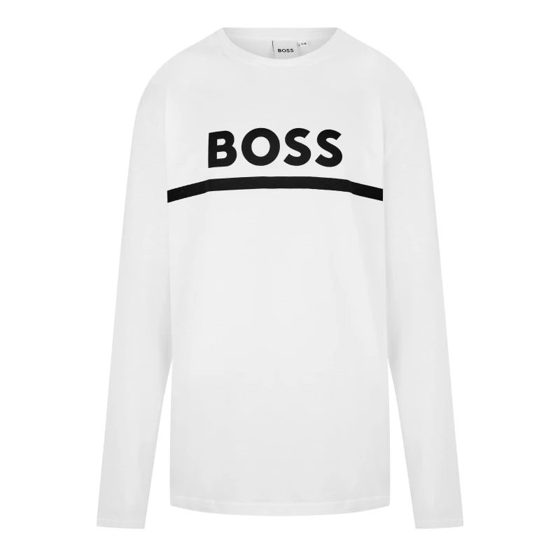 Image of Boss Kids Long-sleeve Large Logo Tee, Iconic Logo Print T-Shirt White 10P male 10 Yrs