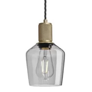 Image of Industville Knurled Tinted Glass Schoolhouse Pendant in Smoke Grey with Brass Holder / Large