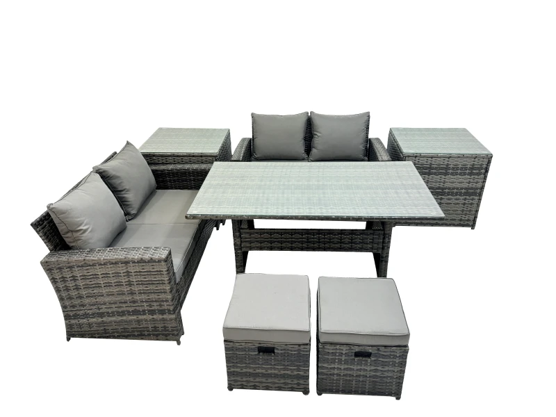 Image of Fimous 6 Seater Outdoor Table Double Seat Sofa 2 Side Table 2 Small Stool Set in Dark Grey Dark Grey Unisex