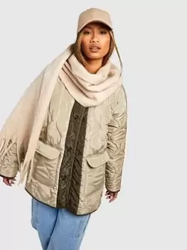 Image of Boohoo Quilted Oversized Jacket - Khaki, Green, Size 12, Women