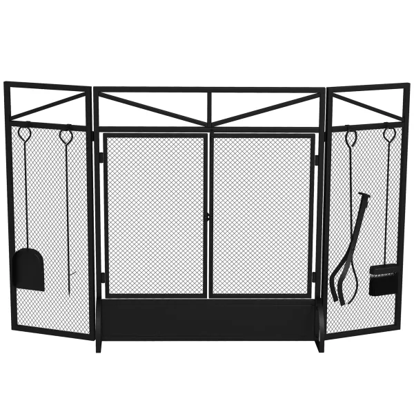 Image of HOMCOM 3 Panel Folding Fire Guard Screen w/ Fireplace Tool Sets, Front Doors, Freestanding Fire Screen Spark Guard w/ Feet, Black