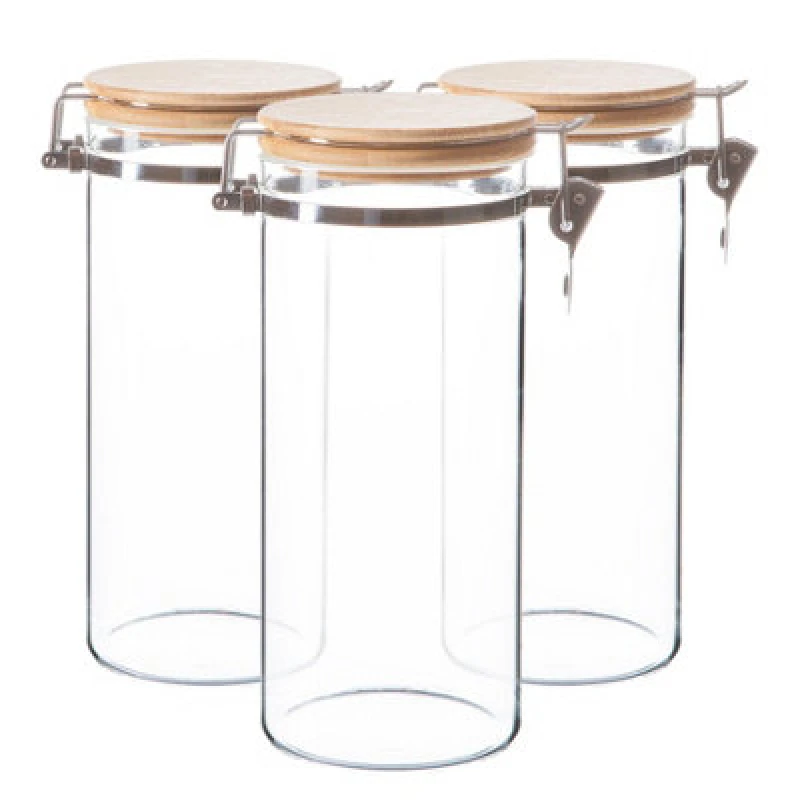Image of Argon Tableware Glass Storage Jars with Wooden Clip Lids 1.4 Litre Pack of 3 Clear