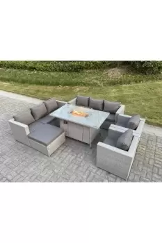 Image of Fimous 8 Seater Light Grey Rattan Lounge Complete Sofa Set with Gas Fire Pit Dining Table and Big Footstool