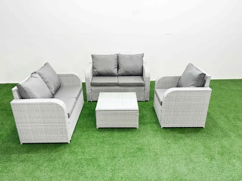 Image of Fimous High Back Poly Rattan Garden Furniture Set with Reclining Chair Loveseat Sofa Square Coffee Table Indoor Outdoor Patio Set Light Grey Light Gr