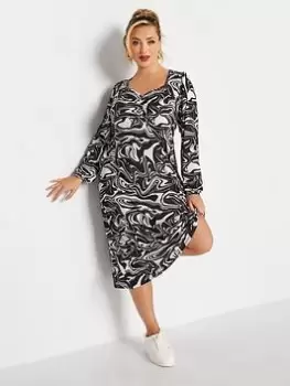 Image of Yours Ruched Midaxi Dress Mono Swirl, Black, Size 20, Women