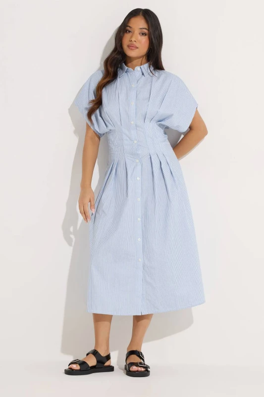 Image of PixieGirl Womens Petite Stripe Shirt Maxi Dress in Light Blue Size: 16 Light Blue Female 16