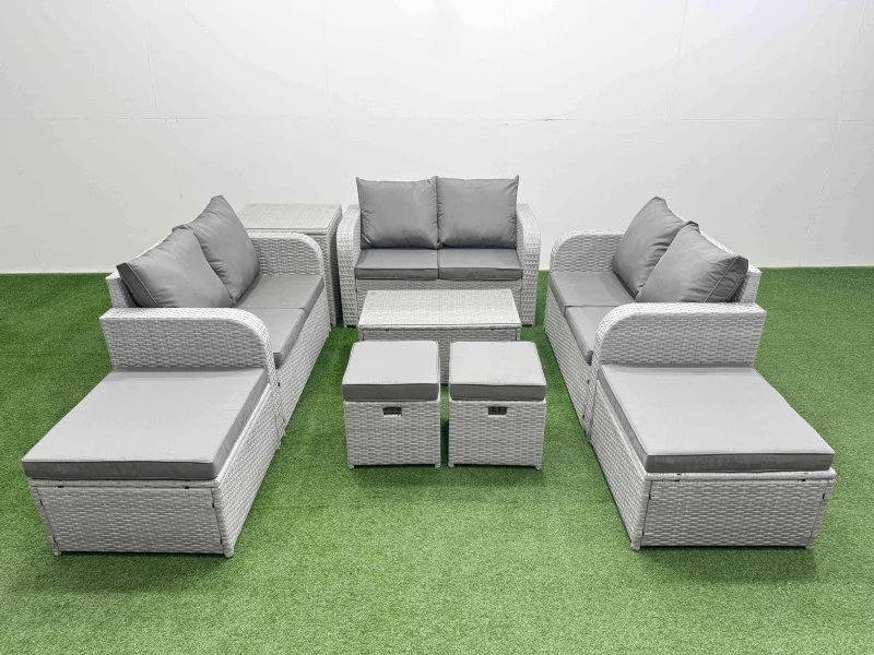 Image of Fimous 9 PCs Rectangular Coffee Table Set Reclining Chair Inclining Sofa in Light Grey Light Grey Unisex