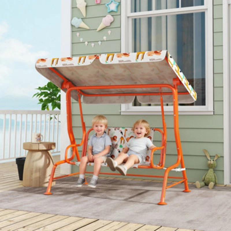 Image of Aiyaplay Kids Porch Swing With Seat Belts, Adjustable Canopy, Orange