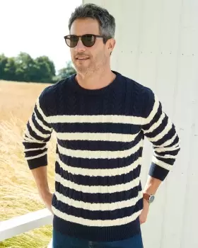Image of Cotton Traders Stripe Cable Knit Crew Neck Jumper in Blue