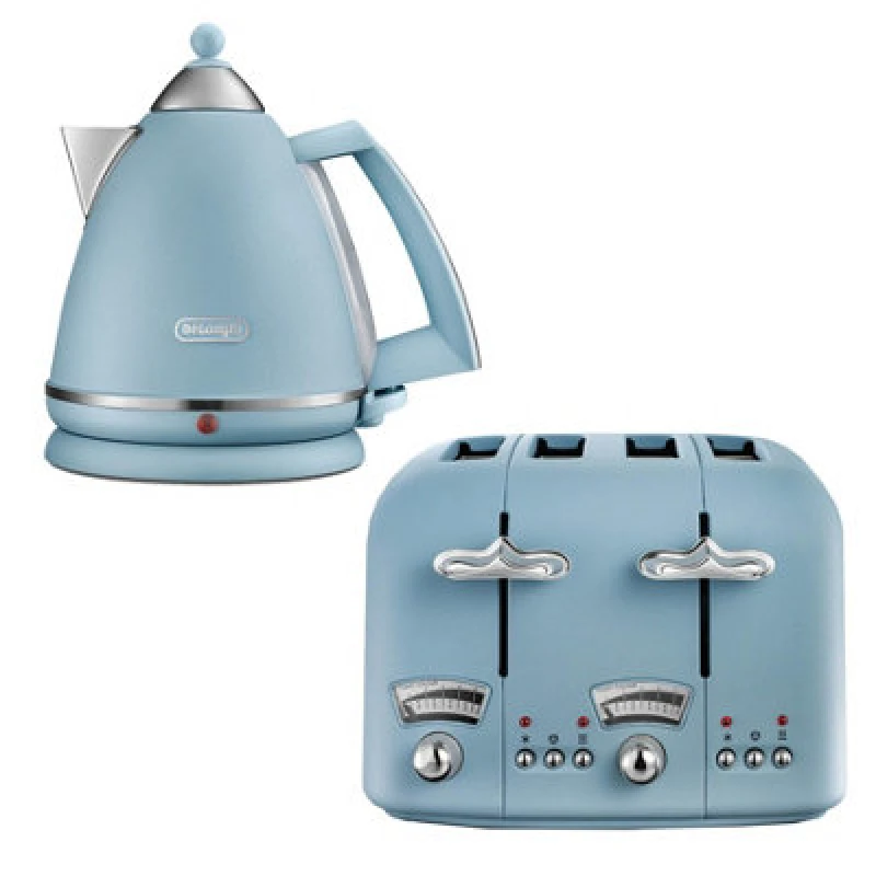 Image of DeLonghi Argento 1.7L Kettle & 4 Slice Toaster Set, Blue - DeLonghi DLPK1