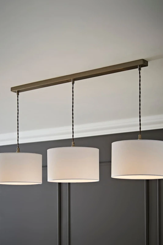 Image of ValueLights ValueLights Reni Fabric Drum Shade 3 Drop Bar Chrome Diner Ceiling Pendant Light in White White One Size Unisex 5059406063183