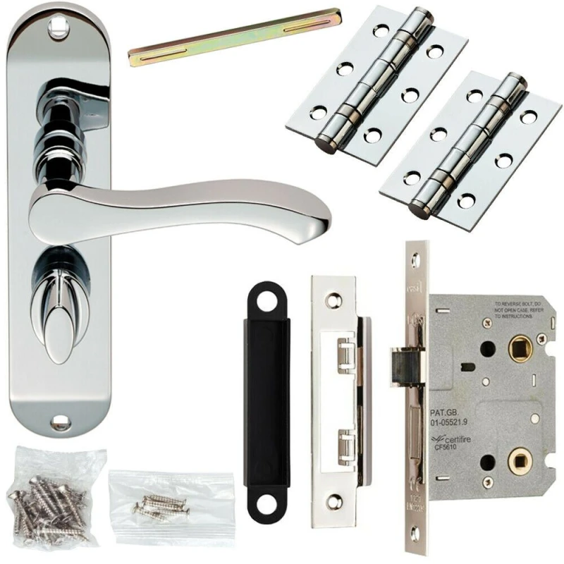 Image of Loops Door Handle & Bathroom Lock Pack Chrome Scroll Thumb Turn Round Slim Backplate Multi