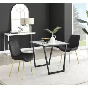 Image of Furniturebox Carson White Marble Effect Square Dining Table & 2 Black Pesaro Gold Leg Velvet Chairs