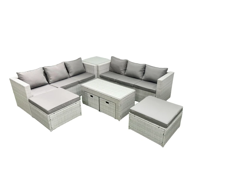 Image of Fimous Outdoor Rattan Garden Furniture Set with Grey Cushions Luxury 10 Seater with Coffee Table and Side Table For Conservatory,Patio Light Grey