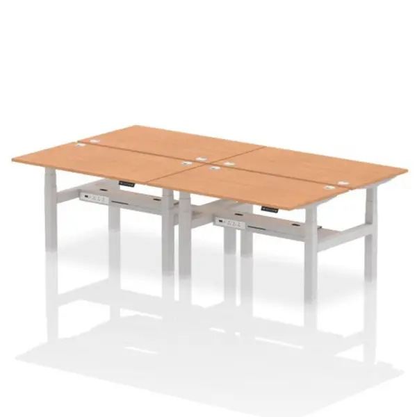 Image of Air Air Back-to-Back 1400 x 800mm Height Adjustable 4 Person Bench Desk Oak Top with Cable Ports Silver Frame HASCP4P14800OAKS