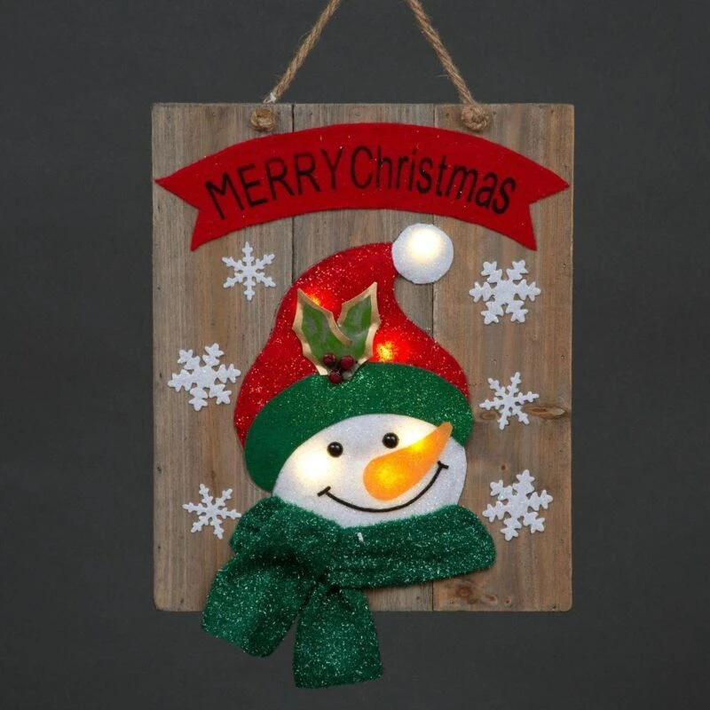 Image of Shatchi Christmas Home Decoration Battery Operated Novelty Snowman Wooden Frame Wall Decoration with 6 Small Warm White Bulbs Green