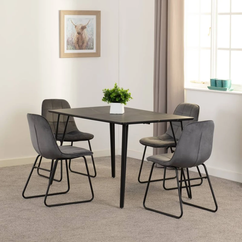Image of Seconique Marlow & LUKas Dining Set (x4 Chairs) - Black Marble/Grey Velvet, Black 400-401-339