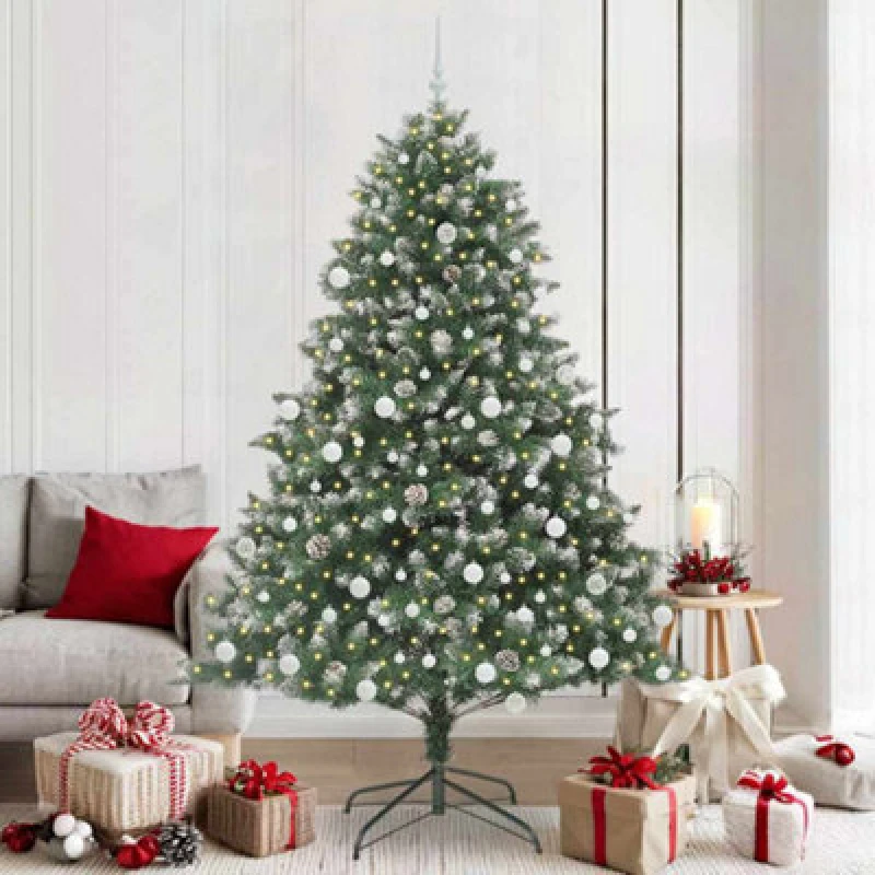 Image of vidaXL Artificial Christmas Tree with Stand, White Balls Green 140 x 140 x 210 cm, Green 3395248