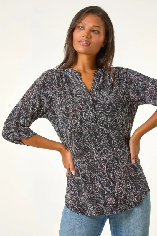 Image of Roman Womens Textured Paisley Print Stretch Blouse in Grey Size: 16 Grey Female 16